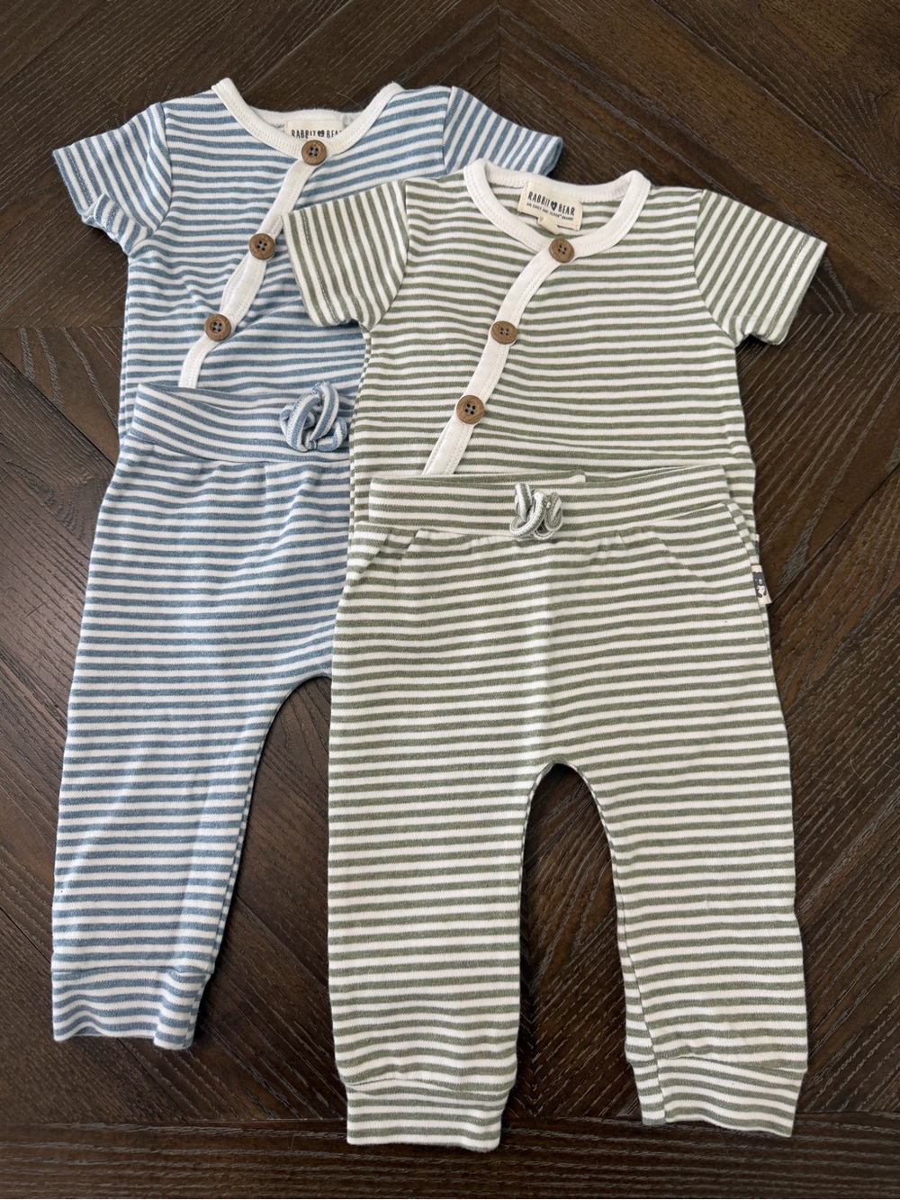 Rabbit + Bear Striped Baby Matching Set - Blue and Olive